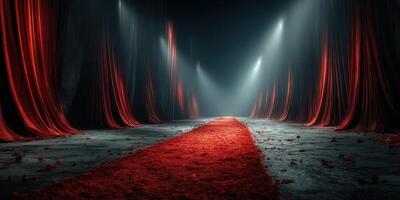 Red carpet pathway illuminated by dramatic lighting in an elegant indoor setting during a special event photo