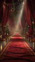 Festive red carpet walkway adorned with Christmas trees and twinkling lights in a grand venue photo