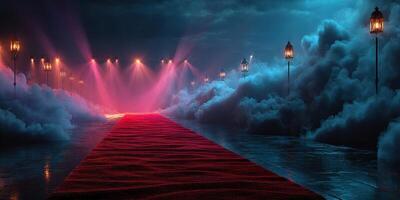 Dramatic red carpet leading to a brightly lit stage surrounded by fog and lampposts at night photo