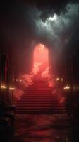 Mysterious staircase ascending to a glowing archway surrounded by mist in a dark corridor photo