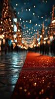 Festive evening with sparkling lights and a red carpet at a winter celebration in a vibrant city photo