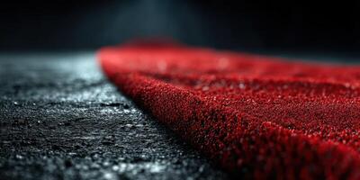 Red carpet unrolling on dark surface under dramatic lighting in an elegant setting photo