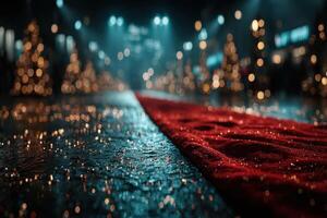Festive pathway lined with lights and decorated trees on a rainy night in a vibrant urban setting photo