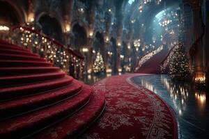 Stunning grand staircase adorned with holiday decorations in an elegant hall during festive season photo