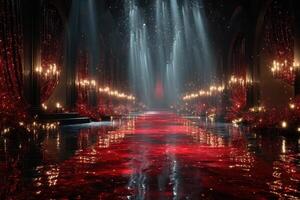 Elegant red-lit corridor adorned with candelabras creates a dramatic atmosphere for a grand event at night photo
