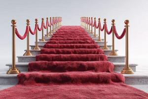 Red carpet leading up elegant stairs with golden railings and detailed decorations in a bright setting photo