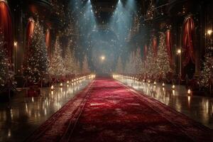 Grand holiday celebration hall decorated with festive lights and Christmas trees during evening hours photo