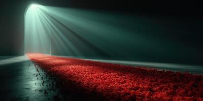 Unveiling a mysterious pathway illuminated by beams of light with a striking red carpet leading towards an open door photo