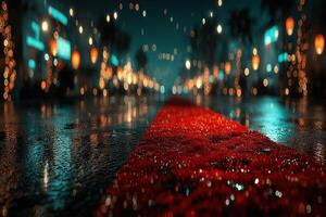 Evening lights illuminate a wet red carpet lined with decorations at a festive event in a bustling city photo