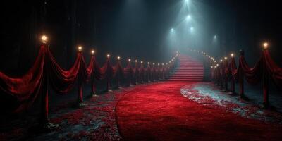 Elegant red carpet leading to grand staircase in a dimly lit venue during an evening gala event photo