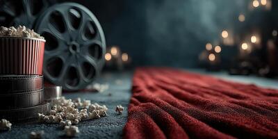 Classic cinema setup with popcorn and film reels in a dimly lit setting for a cozy movie night photo