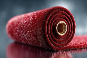Detail of rolled red fabric with shimmering texture on a reflective surface in a bright workspace during the daytime photo