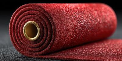 Shimmering red fabric roll captured close up with glittering texture on a textured surface photo
