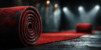 Darkened hallway with rolled red carpet during evening event preparation in a stylish venue photo