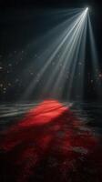 Spotlight shines on a shimmering red carpet leading to an unknown destination in a dimly lit space with scattered lights photo