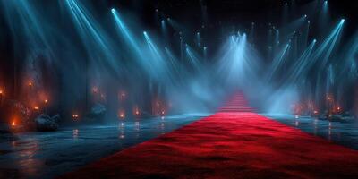 Dramatic red carpet event in a moody venue with blue lighting and shadows creating an immersive atmosphere photo