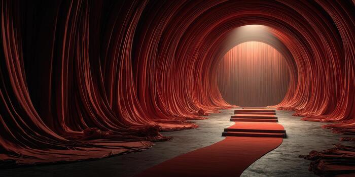 Red carpet entrance leading to illuminated stage in a dramatic indoor setting with flowing fabric drapes photo