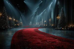 Elegant hallway adorned with festive trees and a red carpet for a winter celebration at night photo