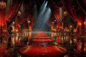 Luxurious theatrical stage adorned with rich red curtains and shimmering lights for an elegant performance photo