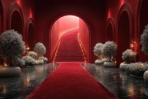 Elegant staircase in a lavish red-toned hallway with decorative plants and soft lighting photo