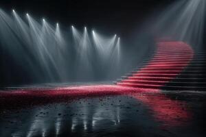 Elegant stage design featuring a grand staircase illuminated by dramatic lighting in a festive setting photo