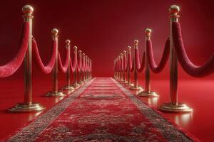 Luxurious red carpet event setup featuring golden stanchions and plush velvet ropes in a vibrant venue photo