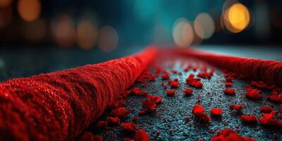Red carpet laid out on a dark street with flower petals scattered around under soft lights during a nighttime event photo