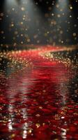 Vibrant red and gold pathway adorned with shimmering reflections in a celebratory setting during an evening event photo
