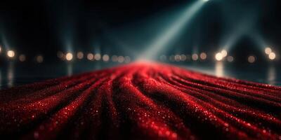 Red velvet runway illuminated by soft lights, creating an elegant atmosphere for a fashion event happening at night photo