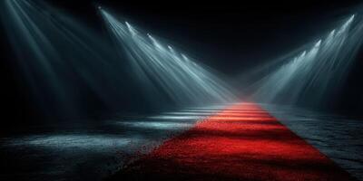 Elegant red carpet accompanied by dramatic lighting effects creating a stunning atmosphere for a glamorous event photo