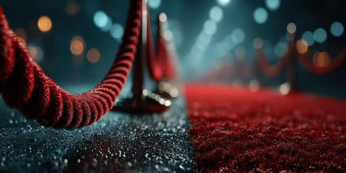 Red carpet event setting with bright bokeh lights creating an elegant atmosphere for celebrations photo