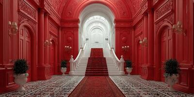Spectacular interior of a grand hall showcasing a magnificent red and white color scheme with an elegant staircase photo