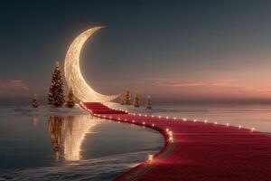 Beautiful crescent moon pathway illuminated by lights next to a calm lake during sunset photo
