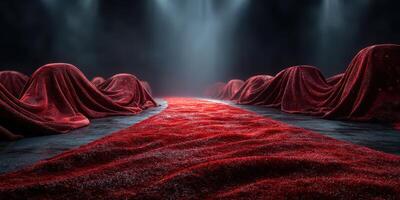 Mysterious red carpet leads to covered objects in dimly lit venue, hinting at a grand reveal photo