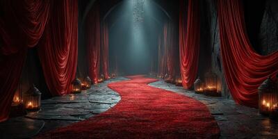 Luxurious red carpet pathway illuminated by soft light in a mysterious, dimly lit hall with red draperies photo