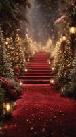 Pathway adorned with festive lights and greenery leads up a staircase for a holiday celebration in a softly lit environment photo