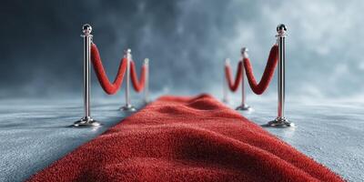 Elegant red carpet leading to a glamorous event with stanchions and velvet ropes at sunset photo