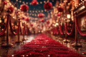 Red carpet event at a festive venue with decorative lights and flowers during a nighttime celebration photo