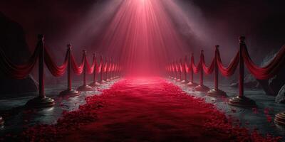 Red carpet path illuminated by dramatic light with velvet ropes in a mystical underground setting photo