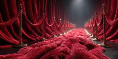 Luxurious red carpet pathway leads to an elegant venue in a stylish and dramatic setting with velvet drapes and lighting photo