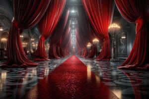 Dramatic red drapery and chandeliers create an elegant atmosphere in a grand hall with a long carpet path photo