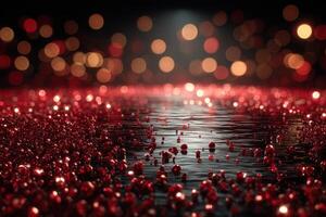 Sparkling red crystals on a reflective surface create a mesmerizing bokeh effect in a dark environment during a festive celebration photo
