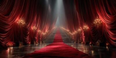 Elegant red carpet leading to a grand staircase illuminated by soft light in an opulent theater setting photo