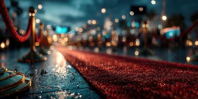 Red carpet event featuring rain-soaked surface with glimmering lights in a vibrant evening atmosphere photo