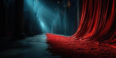 Mysterious corridor illuminated by soft light with a vibrant red carpet and flowing drapes at twilight photo