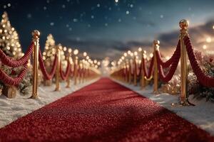 Luxurious red carpet path lined with golden ropes and festive trees at twilight photo