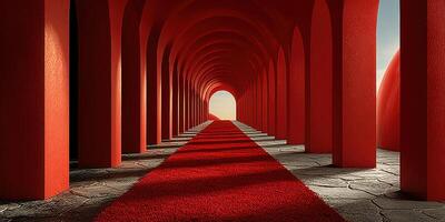 Vibrant red archway leading to bright light in a modern architectural hall at sunrise photo
