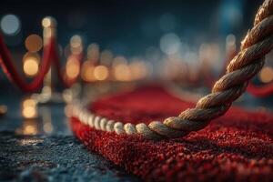 Red carpet event with rope stanchions and glowing bokeh lights in the background during evening festivities photo