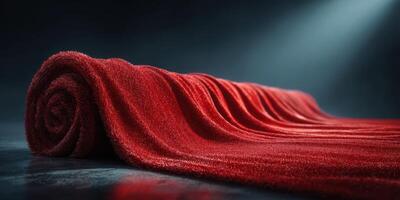 Red fabric rolled out on a dark surface reveals rich texture and depth in atmospheric lighting photo