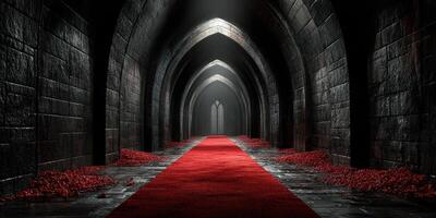 Dark corridor with red carpet and rose petals in an ancient stone castle setting during twilight photo